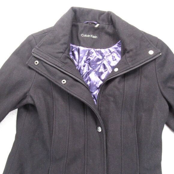 Calvin Klein Wool Blend Coat Jacket Womens 4‎ Black Quilt Lined Snap Zip Front - Picture 1 of 15